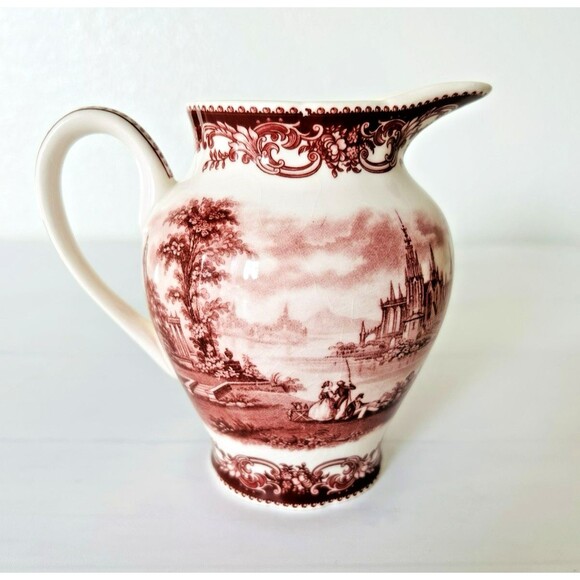 Vintage Red Transferware Creamer & Sugar Bowl Set w/Lid Victorian Ironstone - Picture 4 of 14